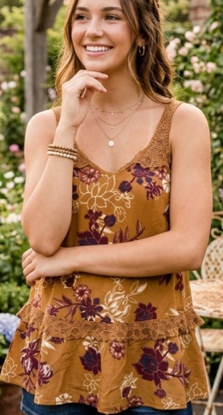 Mason & Belle Floral Lace Trim Tank Top - Brown and Purple